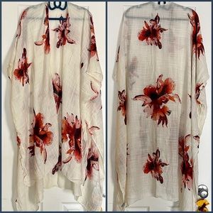 Gorgeous Linen White Kimono with Red Flowers, NWOT